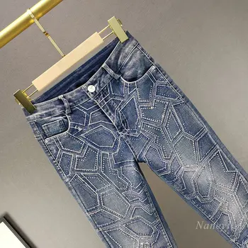 Vezene Vroče Vaja Nosorogovo Jeans za Ženske 2021 Pomlad Novo Visoko Pasu, Slim Fit, Ozek Modra Traper Hlače Femme